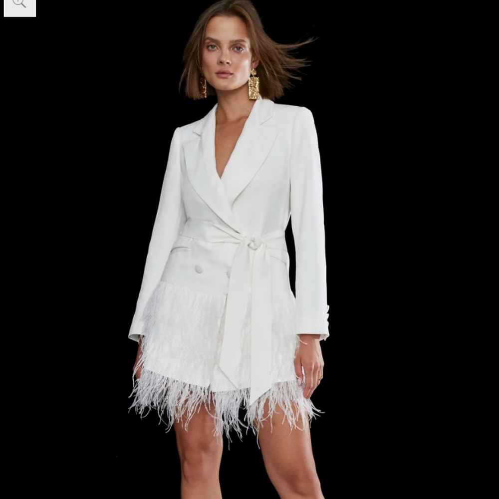 White Crepe Feather Double Breasted Tux Mini Dress Blazer Karen Millen.